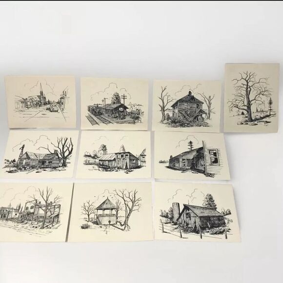 VTG Rural Art Americana Note Cards Ink Pen Train Barns Hollis Art 1978 Set of 10 - Picture 1 of 12